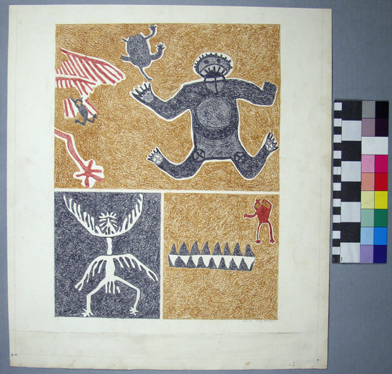 Hearst Museum object titled Drawing, accession number 17-539, described as Work on paper print: Petroglyph reproduction, three frames, people moving, red, blue, black, sand.