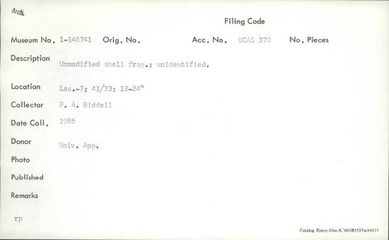 Documentation associated with Hearst Museum object titled Shell fragment, accession number 1-148741, described as Unmodified, unidentified.