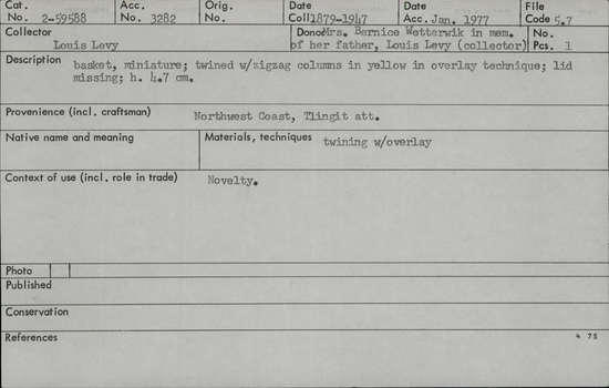 Documentation associated with Hearst Museum object titled Basket, accession number 2-59588, described as Twined with zigzag columns in yellow in overlay technique. Lid missing.