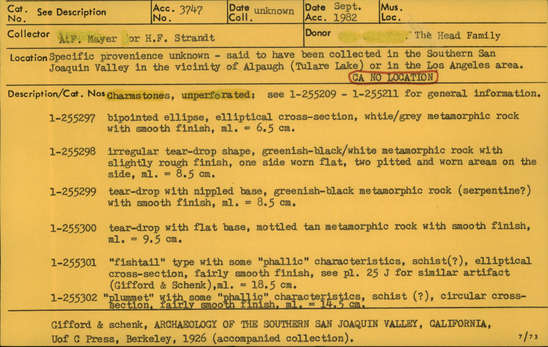 Documentation associated with Hearst Museum object titled Charmstone, accession number 1-255300, described as Unperforated charmstone; tear-drop with flat base, mottled tan metamorphic rock with smooth finish