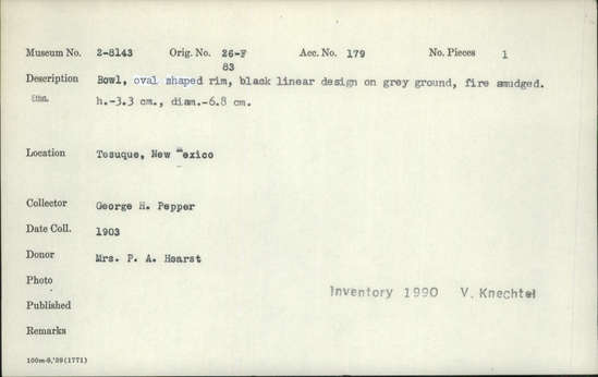 Documentation associated with Hearst Museum object titled Bowl, accession number 2-8143, described as Bowl. Oval shaped rim, black linear design on grey ground. Fire smudged. Height 3.3 cm., diameter 6.8 cm.