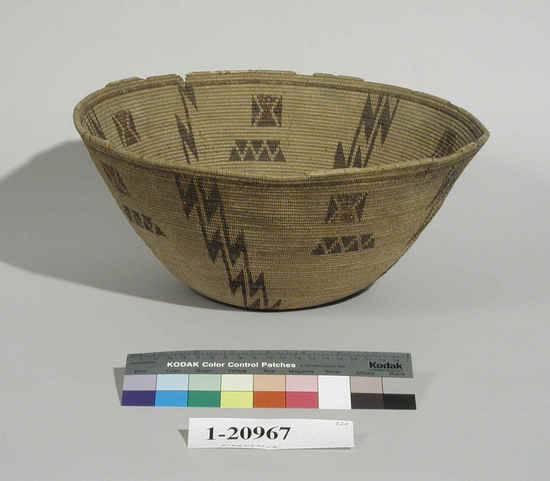 Hearst Museum object titled Bowl basket, accession number 1-20967, described as Bowl basket; coiled. Warp is Epicampes (Sporobolus rigens), weft is Willow (Salix). Red pattern is Yucca. Black pattern is Devil's horn (Proboscidea althaeifolia). Lightning pattern consisting of 4 double bars and one single bar, alternating with butterfly and triangle designs in red and black.