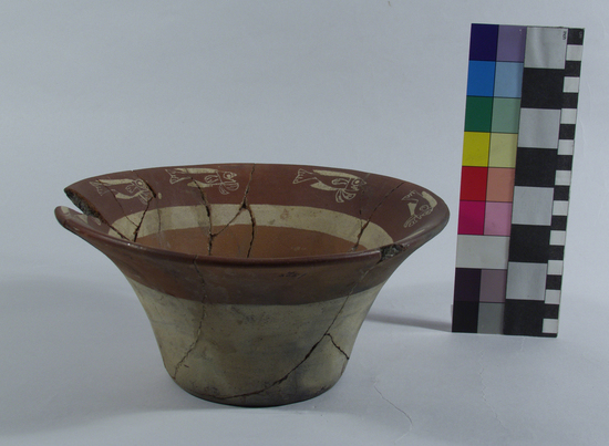 Hearst Museum object 2 of 2 titled Broken bowl, accession number 4-3051, described as Flaring flat-bottomed bowl, white fishes on rim. Broken.