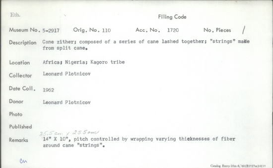 Documentation associated with Hearst Museum object titled Zither, accession number 5-2917, described as Cane zither; composed of a series of cane lashed together; “strings” made from split cane.