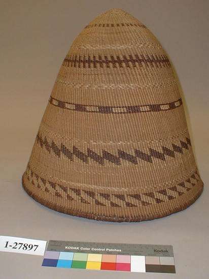 Hearst Museum object 1 of 2 titled Carrying basket, accession number 1-27897, described as Carrying basket.  Twined, bands of brown in design.