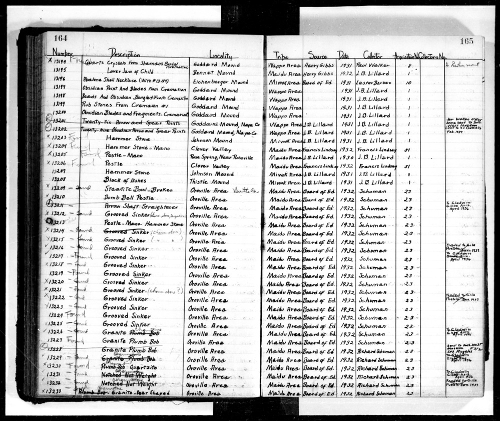 Documentation associated with Hearst Museum object titled Charmstone, accession number L-13232, described as Charm stone ("Notched net weight" is crossed out)