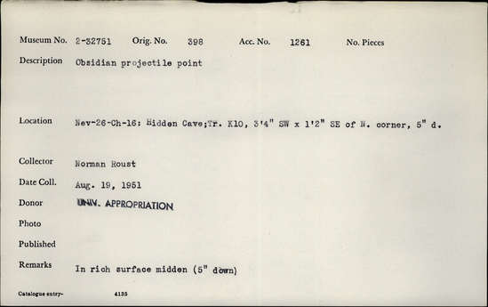 Documentation associated with Hearst Museum object titled Stone point, accession number 2-32751, described as Obsidian projectile point.