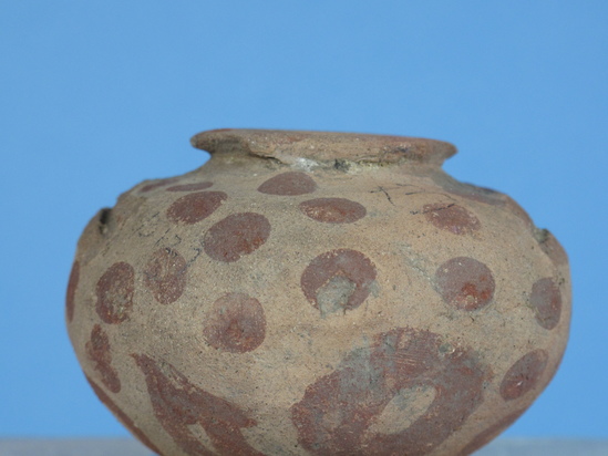 Hearst Museum object 31 of 52 titled Incomplete jar, accession number 6-5429, described as Pottery jar; small pinkish squat red dots, ear handles broken off- broken