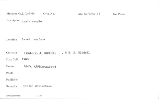 Documentation associated with Hearst Museum object titled Agate, accession number 1-103784, described as Sample.