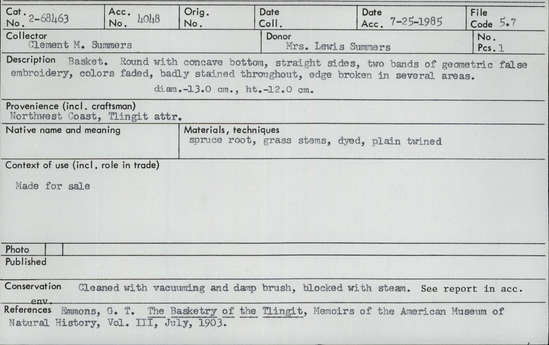 Documentation associated with Hearst Museum object titled Basket, accession number 2-68463, described as Round with concave bottom, straight sides, 2 bands of geometric false embroidery, colors faded, badly stained throughout, edge broken in several areas. Spruce root, grass stems, dyed, plain twined.