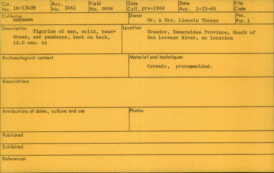 Documentation associated with Hearst Museum object titled Figurine, accession number 16-13409, described as Figurine of man, soild, headdress, ear pendants, knob on back. Height: 12 centimeters.