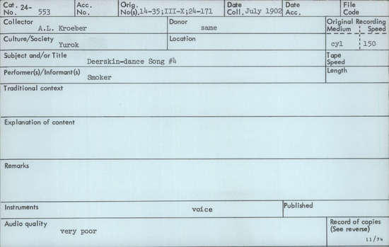 Documentation associated with Hearst Museum object titled Audio recording, accession number 24-553, described as Deerskin Dance (#4). Performed by Smoker.