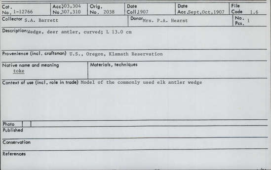 Documentation associated with Hearst Museum object titled Wedge, accession number 1-12766, described as Deerhorn model of wedge (toke).