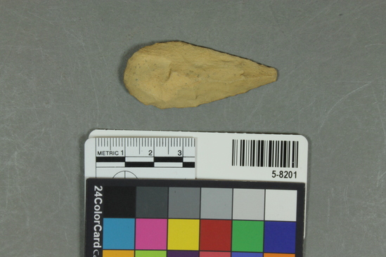 Hearst Museum object titled Flake, accession number 5-8201, described as Bifacial flake; foliate point outline; convex back; length 5.3 cm