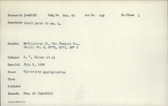 Documentation associated with Hearst Museum object titled Point, accession number 1-49018, described as Chert.