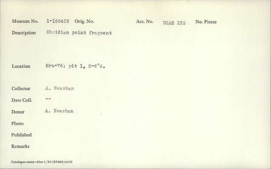 Documentation associated with Hearst Museum object titled Point fragment, accession number 1-155423, described as Obsidian. Notice: Image restricted due to its potentially sensitive nature. Contact Museum to request access.