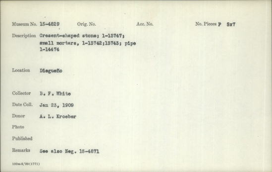 Documentation associated with Hearst Museum object titled Black-and-white negative, accession number 15-4829, described as Crescent-shaped stone; 1-13747; small mortars, 1-13742, 13743; pipe 1-14474