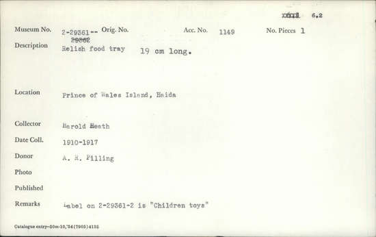 Documentation associated with Hearst Museum object titled Tray, accession number 2-29361, described as Relish food tray.