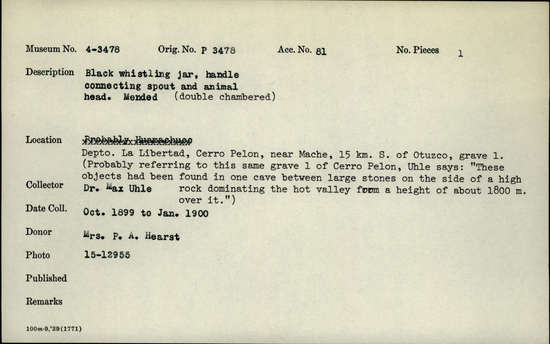 Documentation associated with Hearst Museum object titled Whistling jar, accession number 4-3478, described as Black whistling jar, handle connecting spout and animal head. Mended ( double chambered)