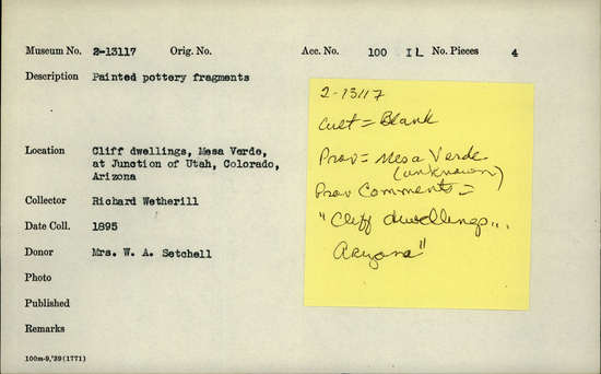 Documentation associated with Hearst Museum object titled Potsherds, accession number 2-13117, described as Painted pottery fragments