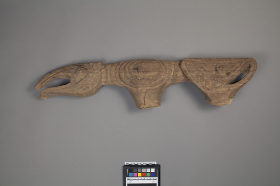 Hearst Museum object titled Canoe prow, accession number 11-37676, described as Canoe prow, carved wood, from a river canoe; stylized carving of totemic birds; 74.3 cm. 1.