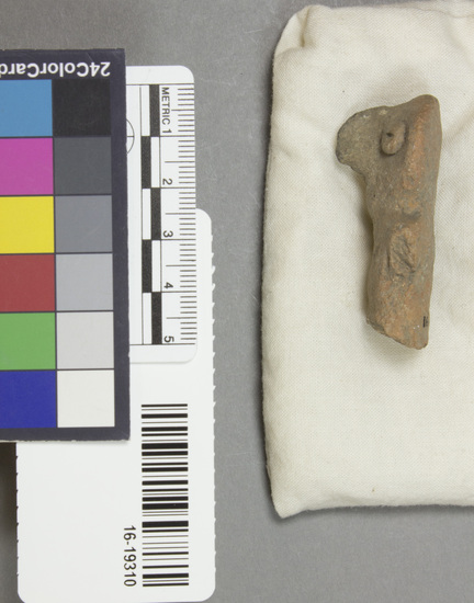 Hearst Museum object 4 of 12 titled Figurine, accession number 16-19310, described as Figurine fragment, pottery, human figure, base missing, arms broken, circular head, curved nose, coffee bean eyes, height, 5.05 cm