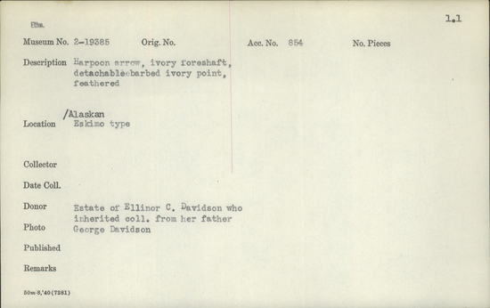 Documentation associated with Hearst Museum object titled Arrow, accession number 2-19385, described as Ivory foreshaft, detachable barbed ivory point, feathered.