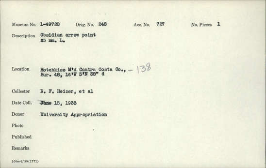 Documentation associated with Hearst Museum object titled Projectile point, accession number 1-49728, described as Arrow point, obsidian. Notice: Image restricted due to its potentially sensitive nature. Contact Museum to request access.