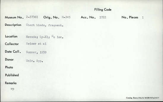 Documentation associated with Hearst Museum object titled Blade fragment, accession number 2-37361, described as Chert blade, fragment
