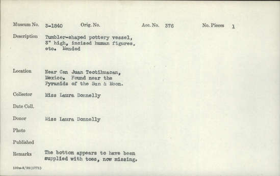 Documentation associated with Hearst Museum object titled Vase, accession number 3-1840, described as Tumbler-shaped pottery vessel; 3 inches high; incised human figures, etc.; mended