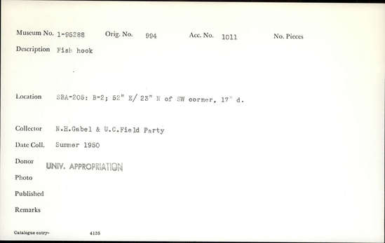 Documentation associated with Hearst Museum object titled Fishhook, accession number 1-95288, described as Fish hook