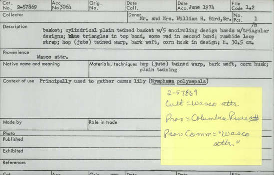 Documentation associated with Hearst Museum object titled Basket, accession number 2-57869, described as Cylindrical, plain twined. 5 encircling design bands with triangluar designs, blue triangles in top band, some red in second band; rawhide loop strap, hop (jute) twined warp, bark weft, corn husk in design.