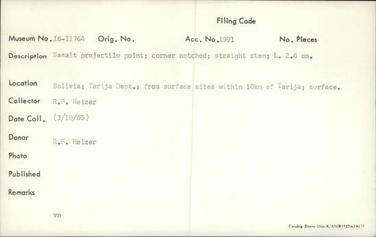 Documentation associated with Hearst Museum object titled Projectile point, accession number 16-11764, no description available.