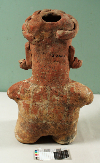 Hearst Museum object 2 of 2 titled Figurine, accession number 3-3665, described as Red pottery effigy of seated man holding rattle