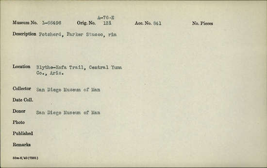 Documentation associated with Hearst Museum object titled Potsherd, accession number 1-66496, described as Potsherd, Parker Stucco, rim