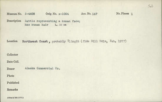 Documentation associated with Hearst Museum object titled Rattle, accession number 2-4608, described as Representing a human face, has human hair.