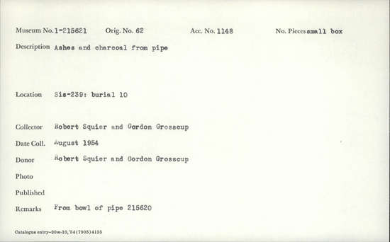 Documentation associated with Hearst Museum object titled Ashes and charcoal, accession number 1-215621, described as Ash and charcoal from pipe.