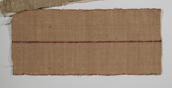 Hearst Museum object titled Textile fragment, accession number 5-11021, described as Textile sample (section of narrow band weaving). Khaki-beige ground with maroon central stripe (.2 cm) and maroon selvages.