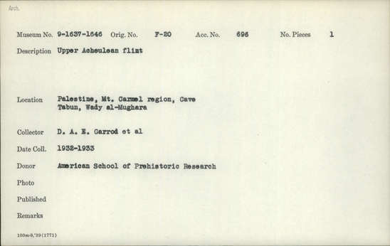 Documentation associated with Hearst Museum object titled Flake, accession number 9-1644, described as Upper Acheulean flint