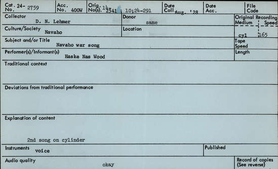 Documentation associated with Hearst Museum object titled Audio recording, accession number 24-2759, described as Navajo War Song