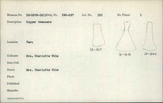 Documentation associated with Hearst Museum object titled Tweezers, accession number 16-1611, described as Copper tweezers.