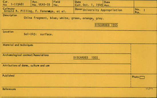 Documentation associated with Hearst Museum object titled China fragment, accession number 1-119481, described as From ledger:  Grey.