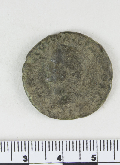 Hearst Museum object 2 of 8 titled Coin: æ, accession number 8-6049, described as Coin: Æ; Vespasian - 10.15 grams. Obverse: IMP CAES VESP AVG - Head facing left. Reverse: ... VST... AVGVST...SC in field, figure facing left.