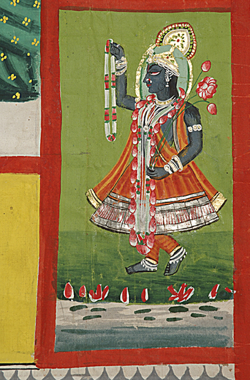 Hearst Museum object 9 of 13 titled Painting, accession number 9-11424, described as painting, for hanging on temple walls; cloth, many colors of paint; temple scene shows 'Sri Nathji' as large figure in center of picture, surrounded on all sides by worshippers and lesser deities; at bottom are offerings, cattle, & a river w/ lotus plants and fish; 253 cm. l.; 216 cm. w.