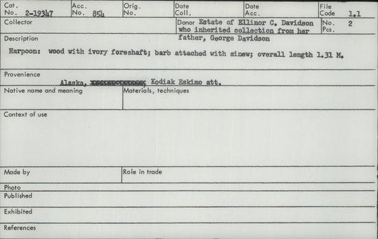 Documentation associated with Hearst Museum object titled Harpoon, accession number 2-19347, described as Wood with ivory foreshaft, barb attached with sinew.