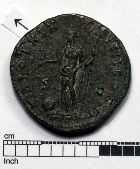 Hearst Museum object 7 of 7 titled Coin: æ sestertius, accession number 8-4020, described as Coin; AE; Sestertius; Roman. Marcus Aurelius, 165 AD. Rome, Italy. Obverse: M AVREL ANTONINVS AVG ARMENIACVS PM, Bust r. laureate. Reverse: TR POT XIX IMP III COS III, Providentia standing left holds wand over globe; S C.