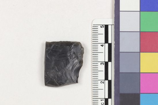 Hearst Museum object 1 of 2 titled Flake fragment, accession number 16-14377, described as Projectile point fragment; obsidian; triangular; weight: 3.96 grams; length: 2.14 cm; width: 2.5 cm; depth: 0.49 cm.