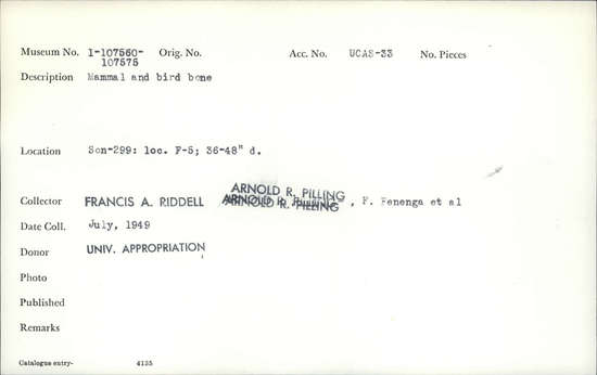 Documentation associated with Hearst Museum object titled Faunal remains, accession number 1-107572, described as Mammal and bird bone.