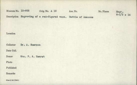 Documentation associated with Hearst Museum object titled Roman drawing, accession number 13-603, described as Engraving of a red-figured vase. Battle of Amazons.