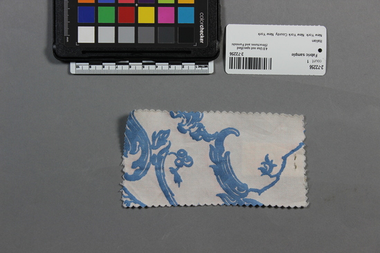 Hearst Museum object titled Fabric sample, accession number 2-72256, described as 100% long staple cotton sample, no. 5135, Veneziano design, Giotto pink and blue color, Fortuny Inc.